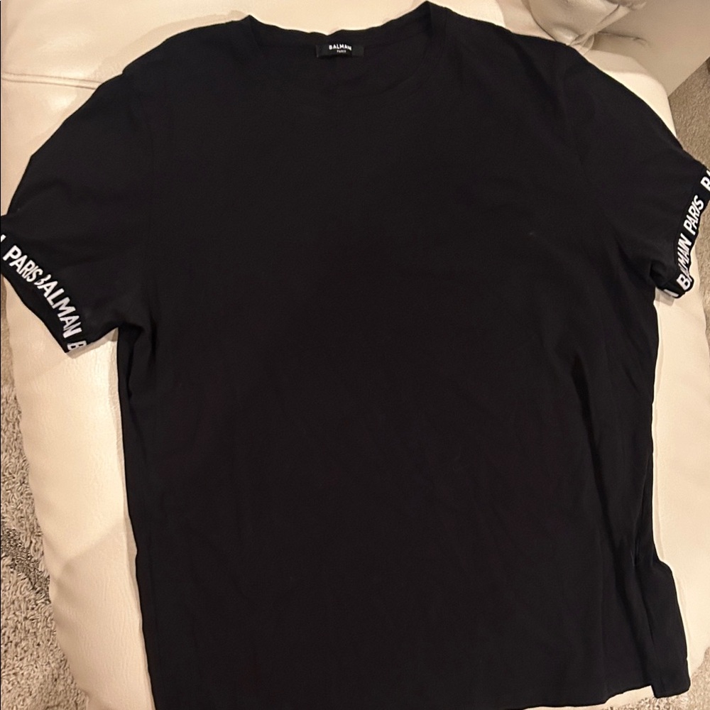 Balmain Black Tee with Logo Embroidered Sleeves
